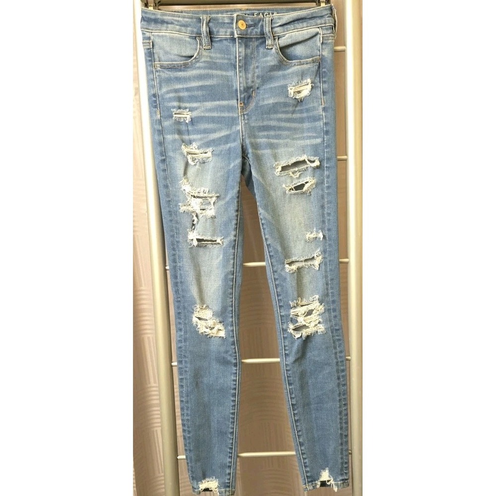 American Eagle Super Hi-Rise Distressed Jegging Blue Jeans‎ Women's sz 4 26x28